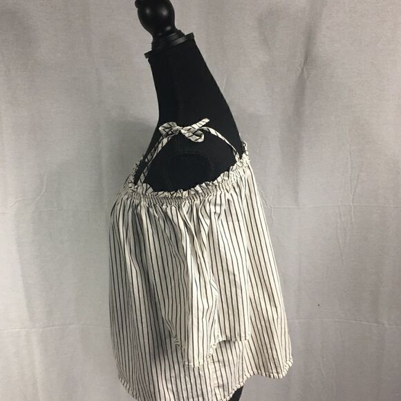 H&M size 6 white blue stripe angel sleeved crop top elastic scoop neck tie strap - Picture 2 of 5